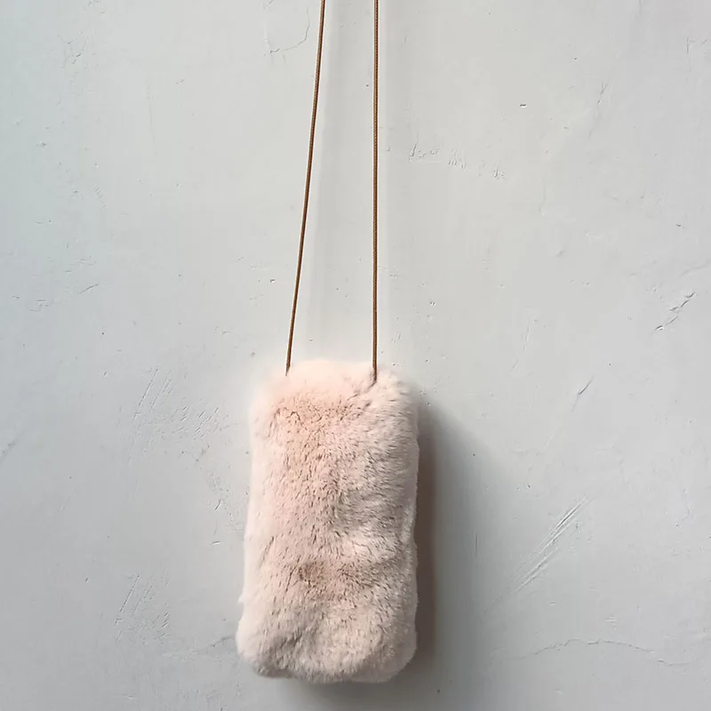 New Real Rabbit Fur Phone Bag Fashion Long Belt Cute Small Shoulder Bags Female Lovely Warm Shoulder Crossbody Bag