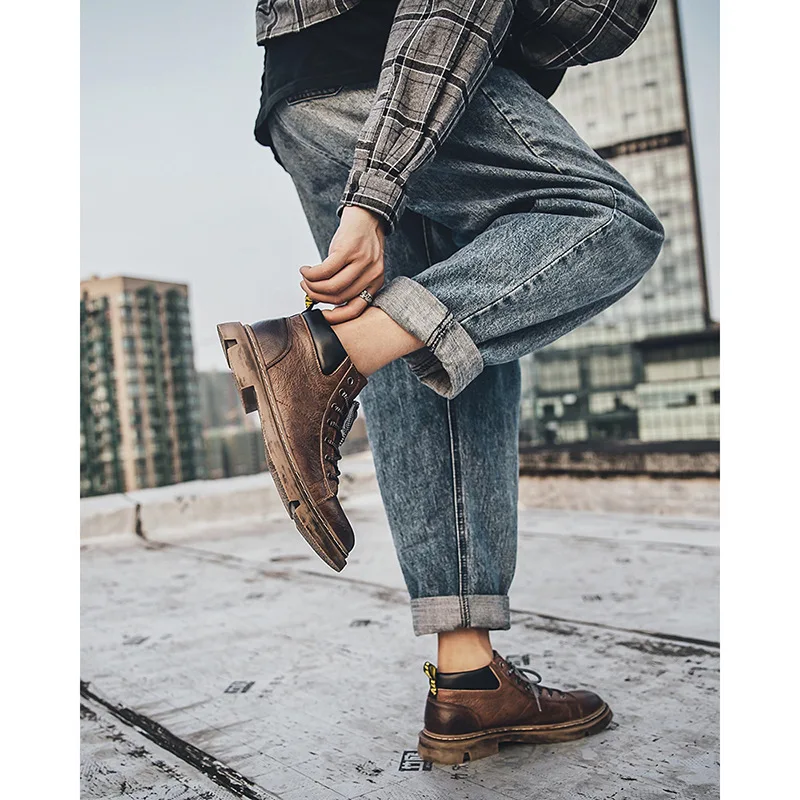 

2019 Handmade Shoes Solid Wear-Resistant MEN'S Casual Shoes Mid-top Martin Boots MEN'S Short Boots Korean-style Versatile Workwe