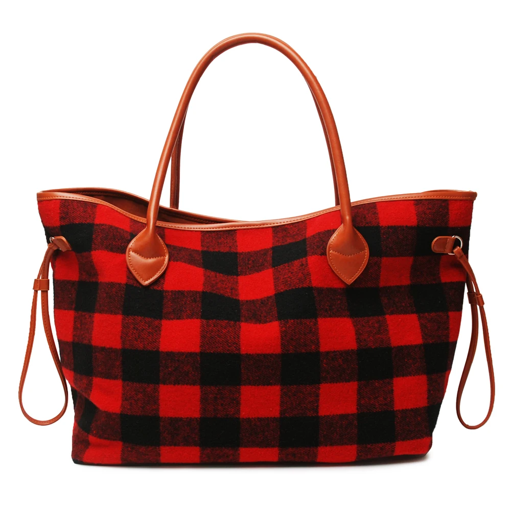

Christmas Buffalo Style Red And Black Plaid Tote Woolen Tote Lined, Free Shipping Xmas Tote With Faux Leather Handle DOM109377