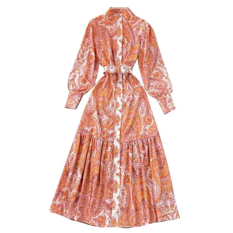 Lady Elegant Stand Collar Slim Court Vintage Printed Ruffles Dress Women Long Sleeve High Waist A-Line Beach Vestidos H887