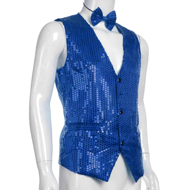 Men Stylish Suit Blazer Deep V-neck Solid Color Sequins Slim Vest Button Waistcoat For Business Wedding Party Men's Clothes