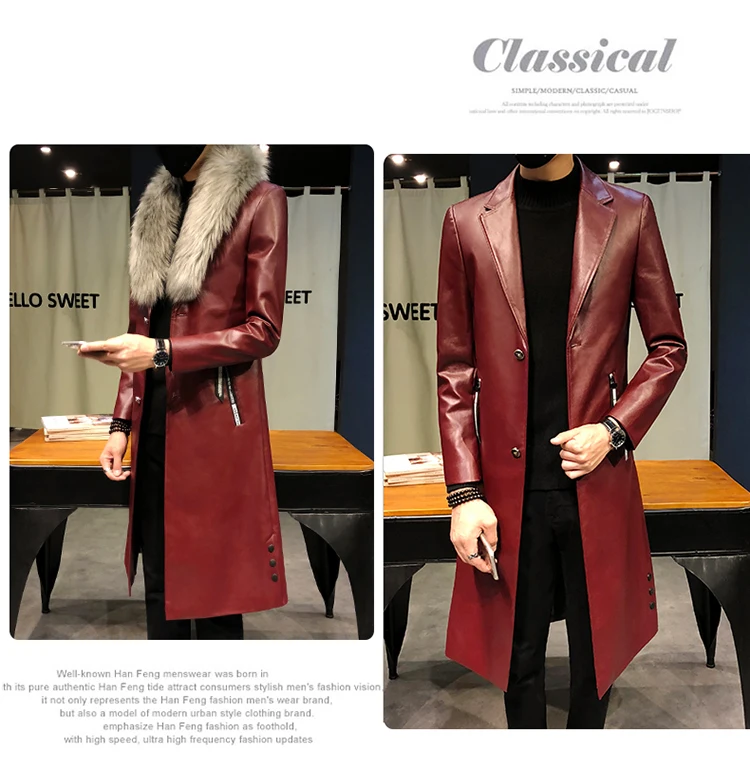 Для мужчин пальто роскошный Veste Homme золотые длинные пальто Slim Fit Chaqueta Cuero Hombre большой меховой воротник Для мужчин s Искусственная кожа пальто-тренчи