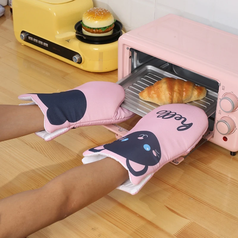 1 Pair Cartoon Animal Cat Paws Oven Mitts Heat Resistant Non-slip Long Microwave Gloves Cotton Kitchen Baking Insulation Gloves