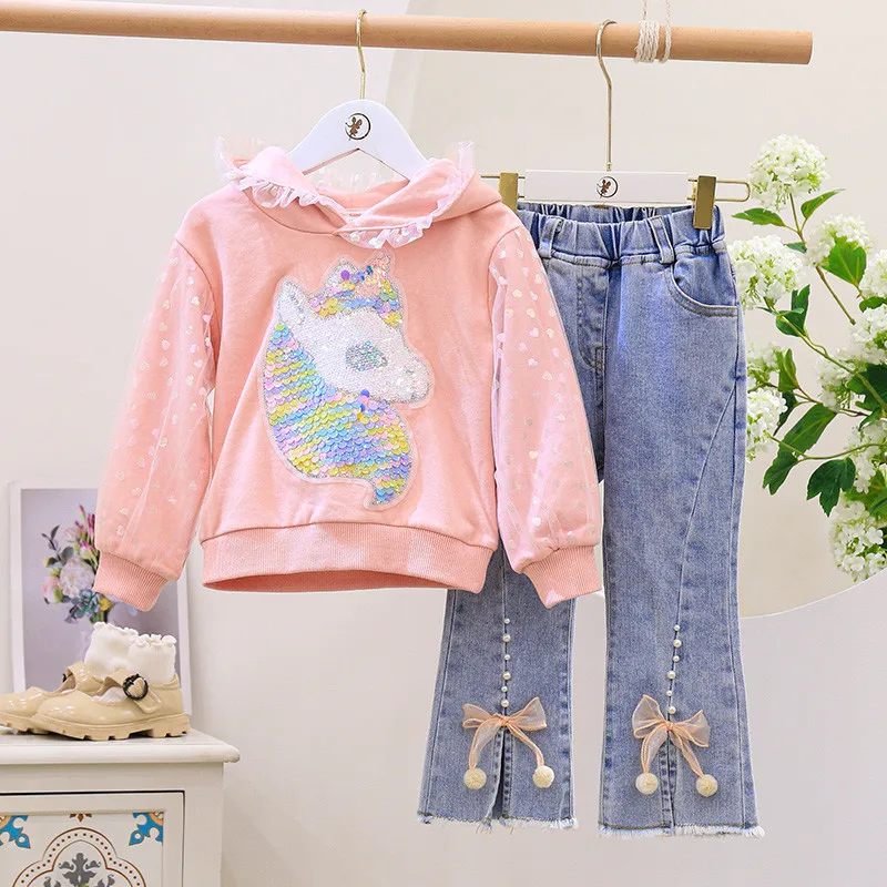 

Spring Autumn Girl Clothes Outfits Fall new Long Sleeve Cartoon Hooded Sweatshirt & Denim Bow Jeans 2pcs Kids Clothing Set 2-6Y