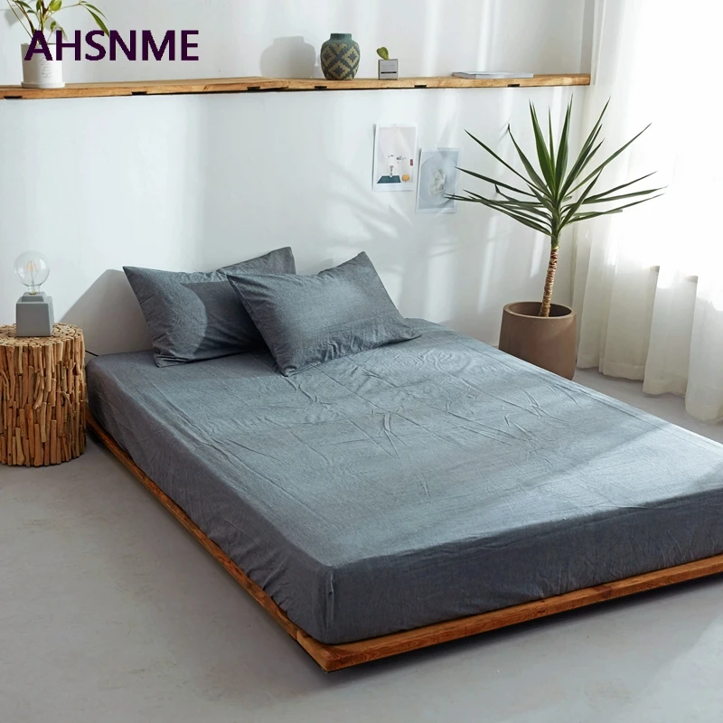 

AHSNME Dark gray 100% Cotton sheets Super Soft parure de lit Cool Summer Simple Water Fitted Sheet 100/120/135/150/200/180/200cm