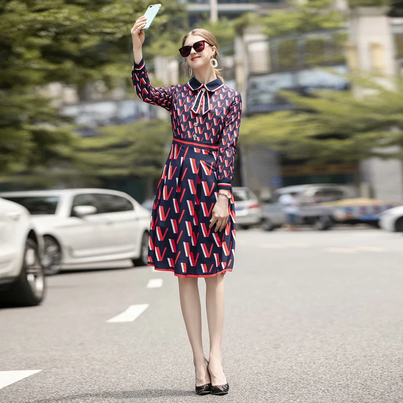 

Runway Designer High Quality Autumn New Women'S Fashion Work Party Beach Casual Vacation Vintage Elegant Chic Letter Print Dress