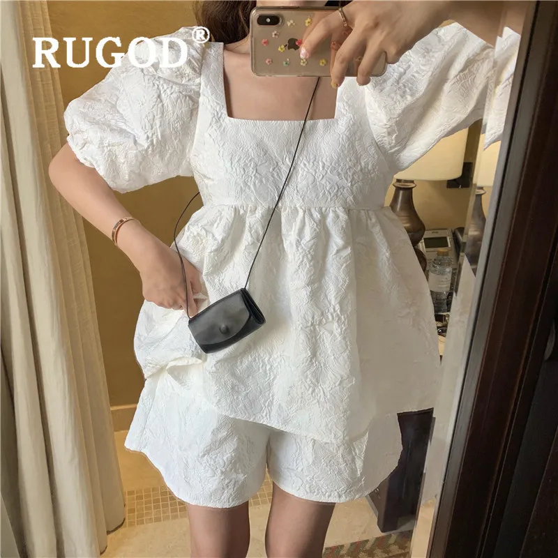 

RUGOD Women's Summer 2 Pieces Korean Style Vintage Square Collar Puff Sleeve Doll Tops + Elastic Waist Shorts Women's Set