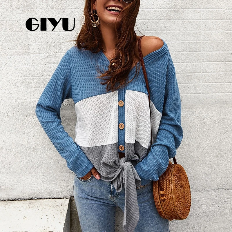 

GIYU Knitted Sweater Buttons Long Sleeve Patchwork Stiped Casual Tie-up Bow Top Female Single Breasted sueter mujer invierno