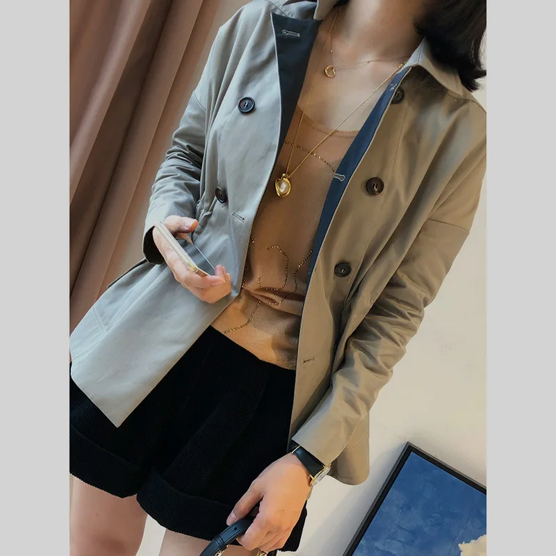

DEAT Solid Color Lapel Long Sleeve Double-breasted Waist Loose Plus Woman Short Windbreaker Casual Fashion 2020 Autumn New TV268