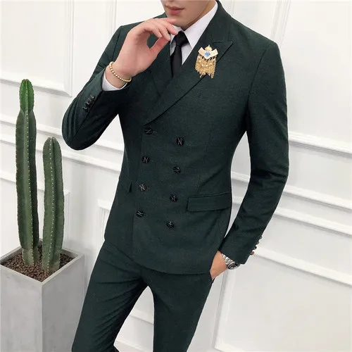 High-end Мужские двубортная куртка, комплект из 3 предметов: обтягивающий официальный Брюки жилет E4 - Цвет: Dark Green2