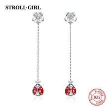 StrollGirl, 925 пробы, серебряные, милые, животные, красная эмалевая божья коровка, длинные серьги с кисточками, серьги-гвоздики с цветком для женщин, модное ювелирное изделие