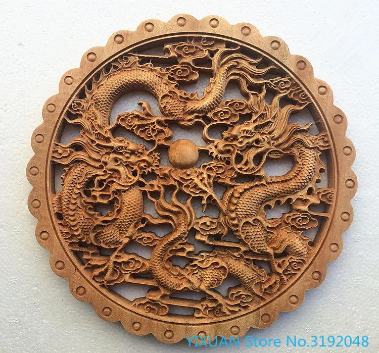 Camphor Wood Furious Double Dragons Pearl Ball Carved LARGE Hanging Panel 