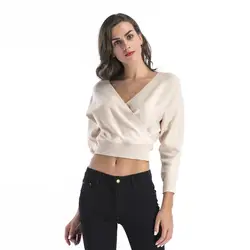 Осенний Женский пуловер, свитер, сексуальный рукав «летучая мышь», глубокий v-образный вырез, укороченный свитер, свободная одежда