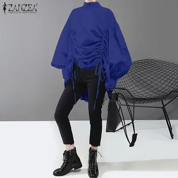 

2020 Spring Drawstring Blouse Fashion Solid High Low Shirts ZANZEA Women Long Puff Sleeve Asymmetrical Party Tunic Tops S 5XL