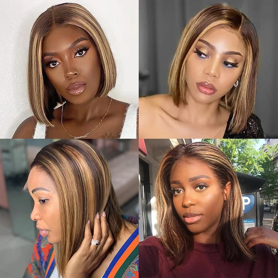 Honey Blonde Highlight Straigh Lace Front Human Hair Wigs for Women Clored Short Bob Wig Glueless Transparent Lace Frontal Wig
