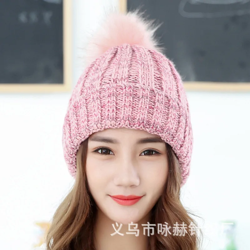 pink colour Цветная шерстяная шапка, утепленная, сохраняющая тепло, зимние шапки для женщин, женская вязаная шапка - Цвет: pink colour