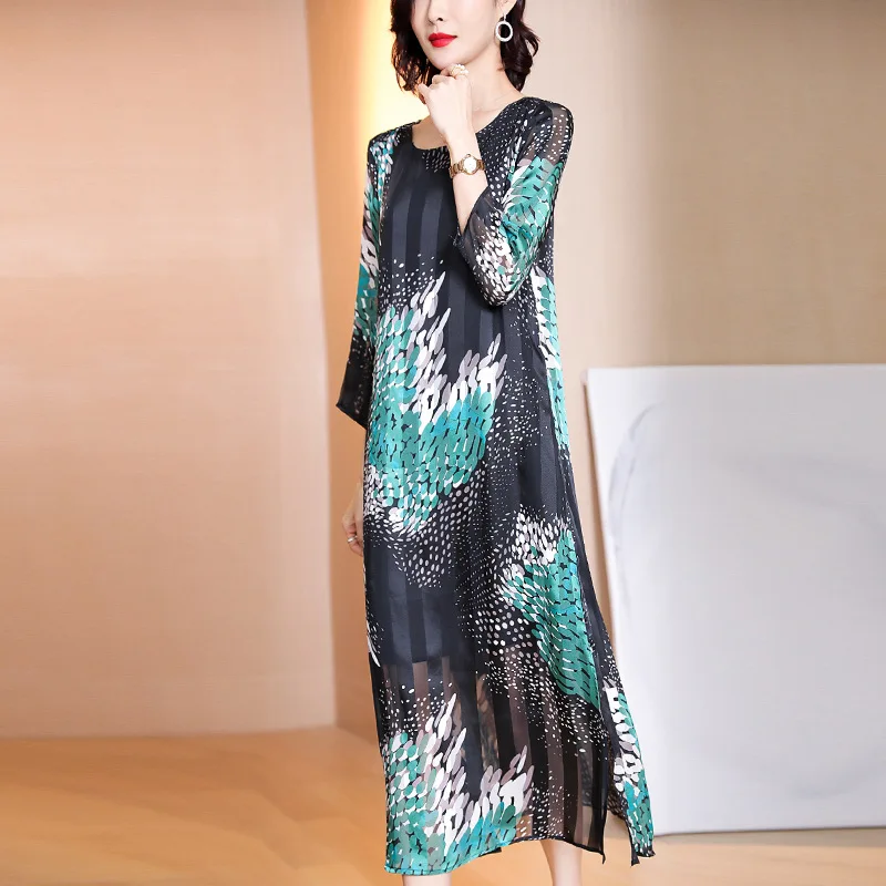 

Dress Women's 2020 Spring New Style Stripes Chiffon Printed Slim Fit Slimming A- line Medium-length Dress