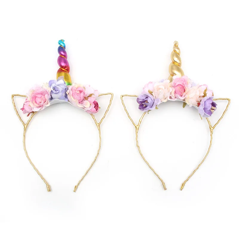 

10pcs/lot Cat Ear Flower Hairbands With Golden Tiaras Unicorn Headbands Children Headwear Props Party Gift Hair Accessories