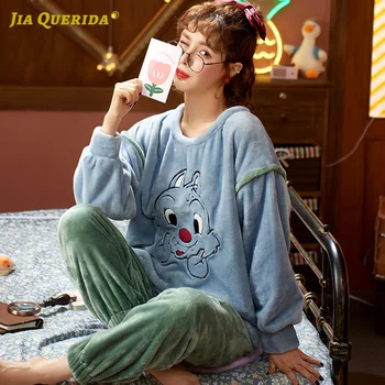 

Crew Neck Cartoon Printing Long Sleeve Long Pants Sleepwear Fashion Style Casual Style Pajamas Set Winter Warm Coral Fleece
