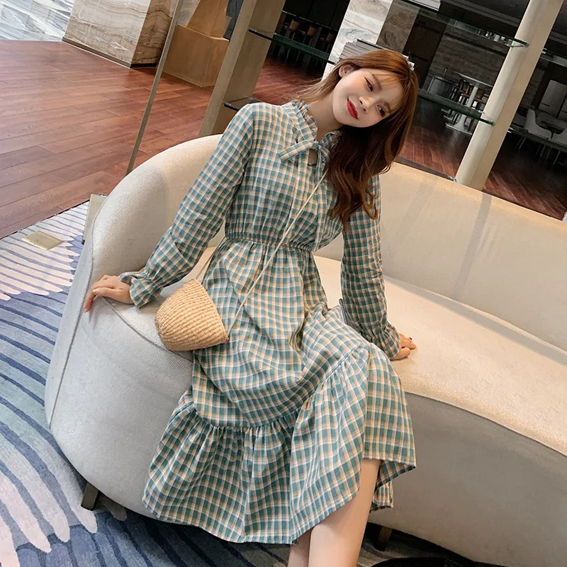 

Dress Autumn New Style Korean-style Mid-length Lace-up Bow Plaid Waist Hugging Slimming Skirt Women's F7485