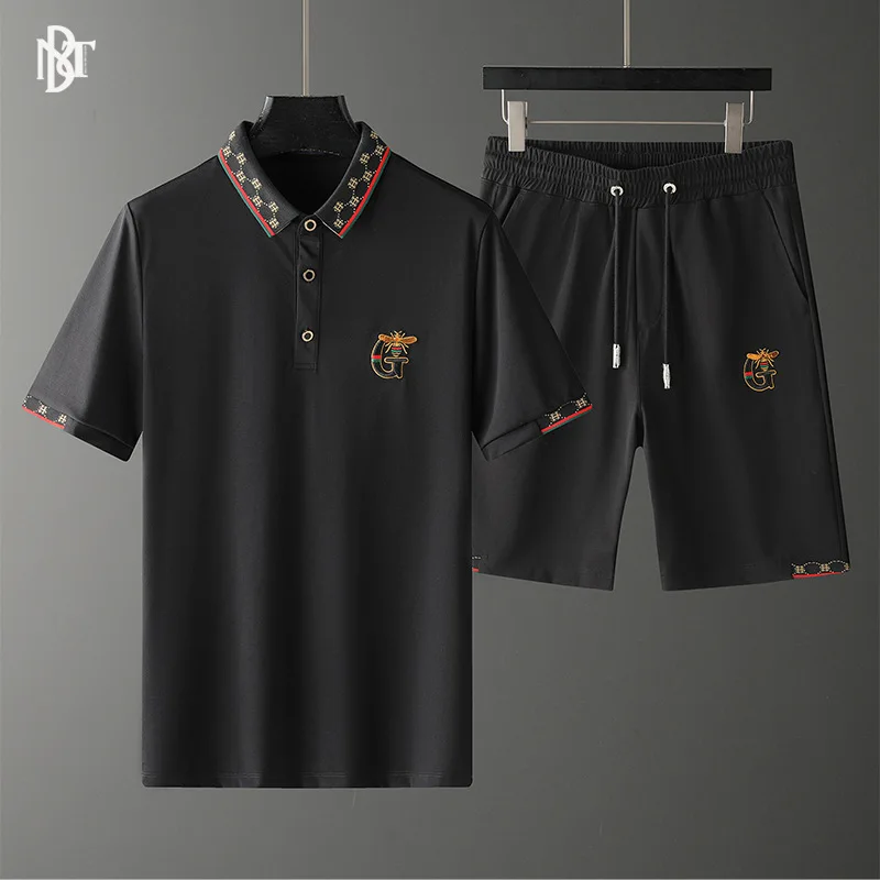 

2021 Bee Letter Embroidery Men Short Sets Summer Casual Clothes Slim Sportswear Tracksuits Mens Track Suits Set Ropa Para Hombre