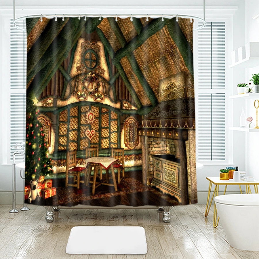 3d Christmas Shower Curtains Fireplace Cabin Pattern Waterproof Thickened Bath for Bathroom Customizable | Дом и сад
