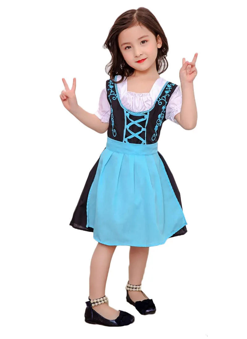 Хэллоуин дети девочки Немецкий Октоберфест Dirndl девушка официантка Детский костюм для косплея крестьянский фартук принцесса вечернее платье наряды - Цвет: Blue