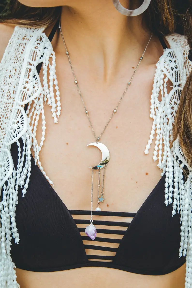 Collier croissant de lune avec perle d'améthyste, collier haut de rêve  magique, étoile, festival d'été | AliExpress