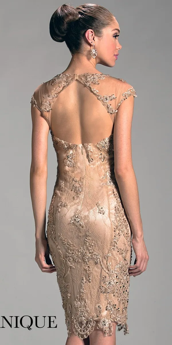 Элегантные Для женщин Оболочка vestido de noiva Кепки рукава Кружева Бисер с открытой спиной по колено вечерние платья для матери невесты