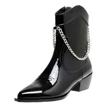 

2020 New Autumn Winter Leather Black Ankle Boots Zip Metal Chain Decoration Women Shoes Handsome Pointed Mid Heel Fashion Boots