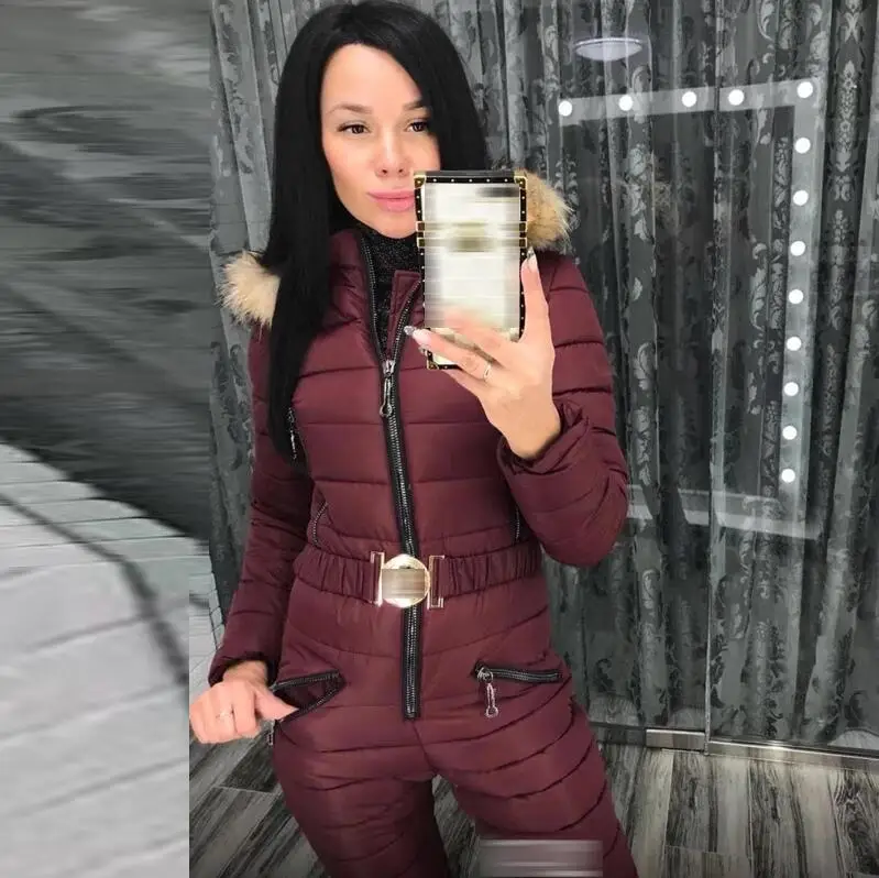 Wine red Зимняя новая черная цельная Лыжная одежда Пояс Женская цельная хлопковая одежда 1,5 кг - Цвет: Wine red