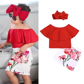 

3Pcs Newest Kid Baby Girls Summer Clothes Solid Color Ruffles T-shirt Tops High Waist Floral Skirt Headband Stylish Outfit Set