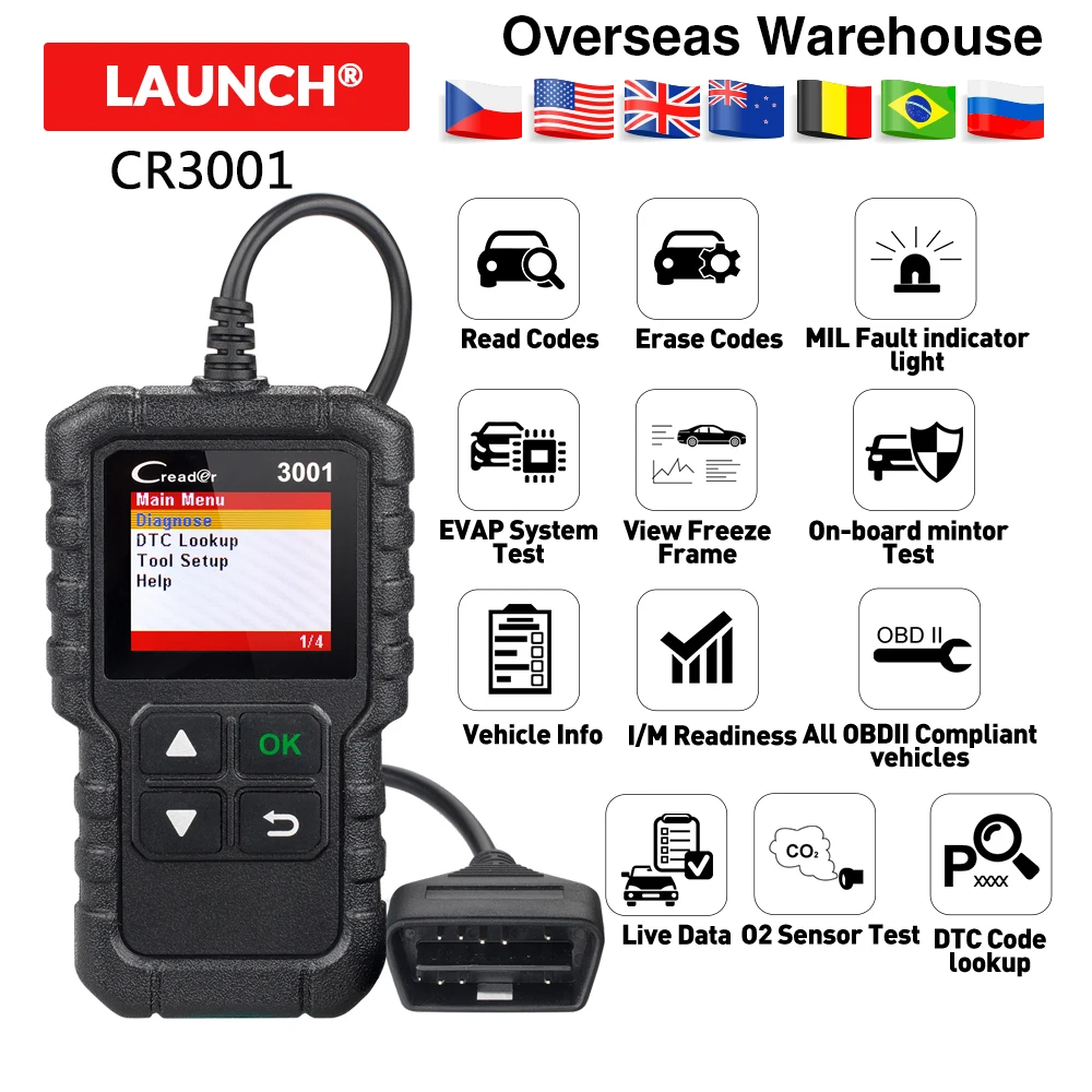 LAUNCH X431 Creader 3001 полный OBDII/EOBD считыватель кодов Сканер многоязычный CR3001 автомобильный диагностический инструмент PK ELM 327 CR319