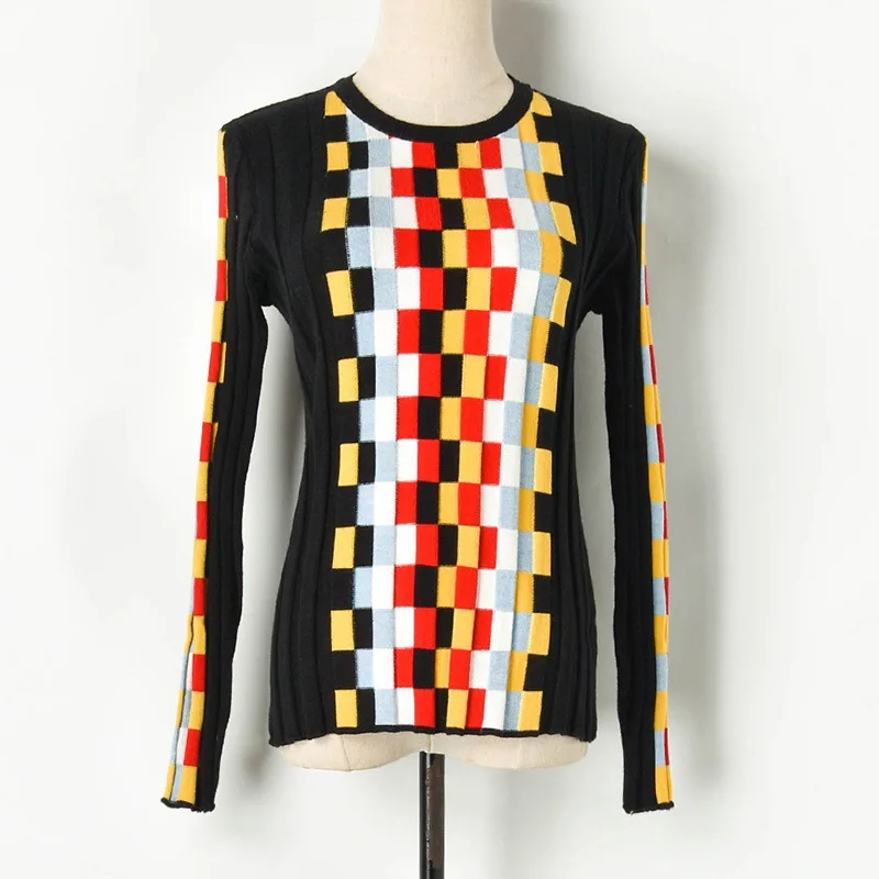 

Runway Women 2019 Autumn Winter Casual Vintage Patchwork Plaid Sweaters Korean Knitted Pullover High Quality Pullovers Outwear