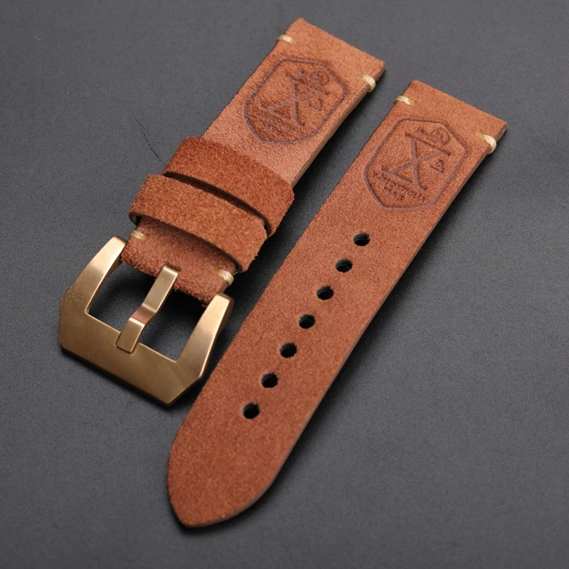 Handmade Leather Watchband, Brown Suede Calfskin Strap 20 22 24 26MM