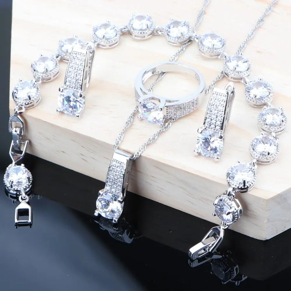 4PCS 925 серебряный белый кубический цирконий бижутерия для женщин наборы свадебных сережек браслет Ювелирное кольцо для новобрачных ожерелье наборы - Окраска металла: 4PCS