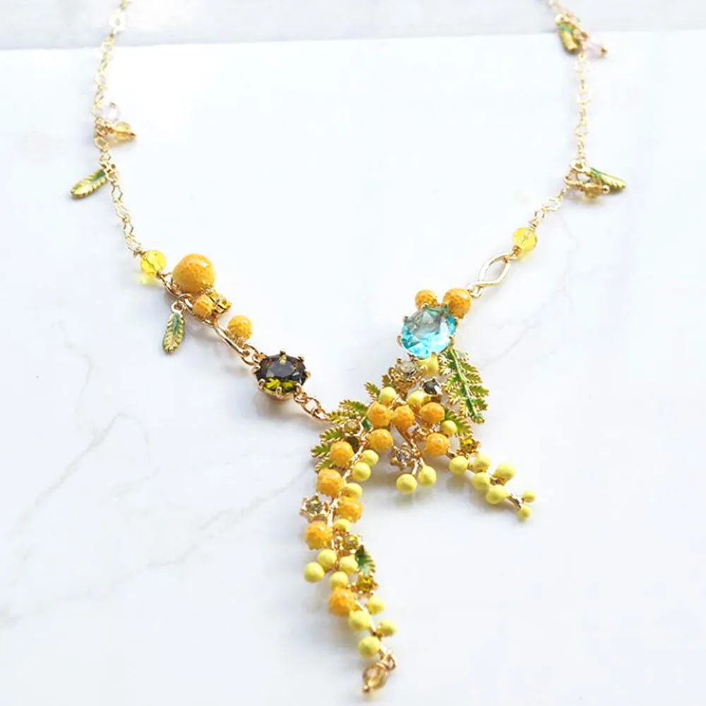 

2019 New Luxury Women Jewelry Enamel glaze Provence Mimosa gem Necklace
