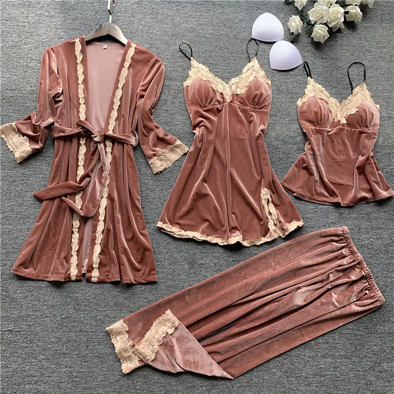 4PCS Women Pajamas Sets with Pants Ladies Nightgown Bathrobe Sexy Pyjama Velvet Homewear Negligee Sleepwear Pyjamas Clothing