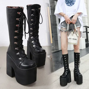 

Knee High Boots Black Punk Platform Lace Up Boots Designer Leather Round Toe Wedge Heel 17cm Club High Heels Women Shoes Size 43