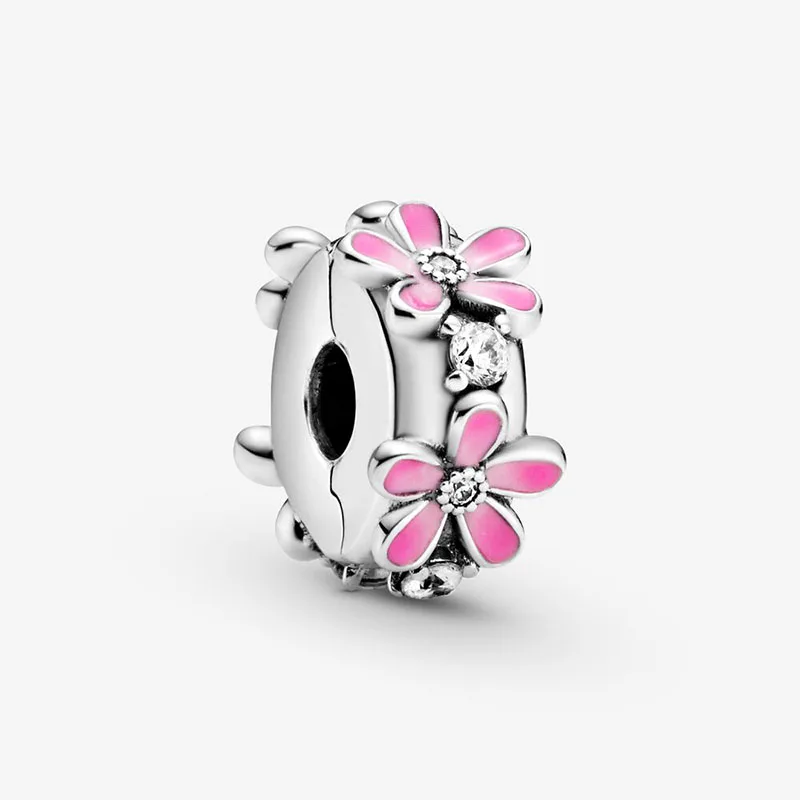 

2020 Spring New 925 Sterling Silver Beads Pink Daisy Flower Clip Charms fit Original Pandora Bracelets Women DIY Jewelry