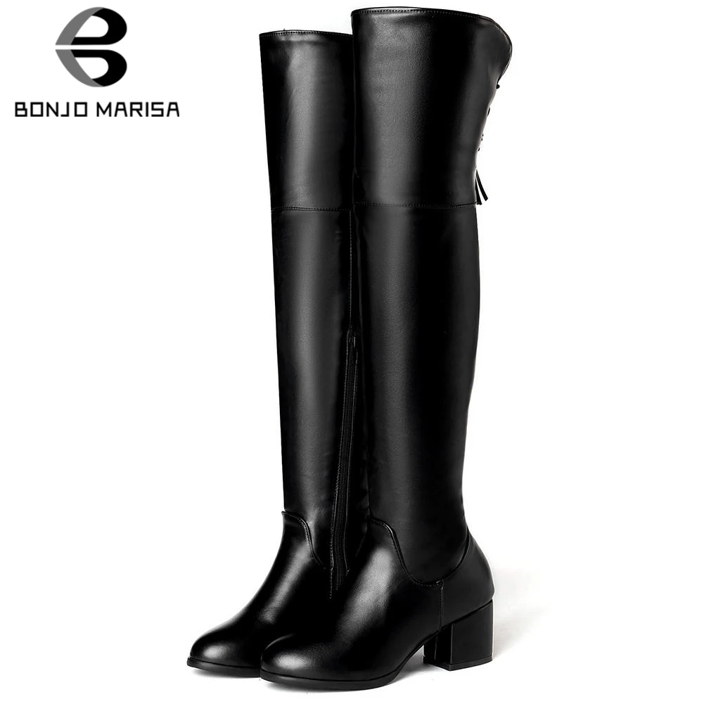 

BONJOMARISA Plus Size 32-45 Elegant Solid Black Heels Boots Women 2019 OL Knee High Boots Ladies High Heels Shoes Woman