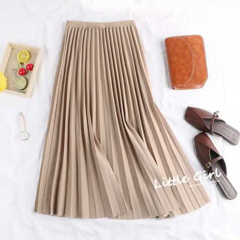 

Solid Color Pendant Mid-long Pleated Mid-calf Skirts Korean A-line Elastic High Waist Skirt Women Casual Autumn Winter Skirts