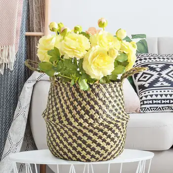 

Folding Straw Storage Baskets Multi-purposes Handmade Straw Rope Laundry Basket Planter Flower Pot Home decoration