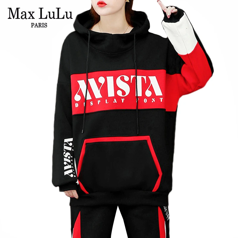 Max LuLu, зимняя Корейская одежда, Женская утолщенная теплая меховая одежда, женские топы с капюшоном и штаны, повседневный комплект из 2 предметов, костюмы с принтом