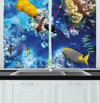 

Fish Kitchen Curtains Marine Land with Types of Fish with Stony Corals Cluster Wild Life Design Print Window Curtain for Kitchen