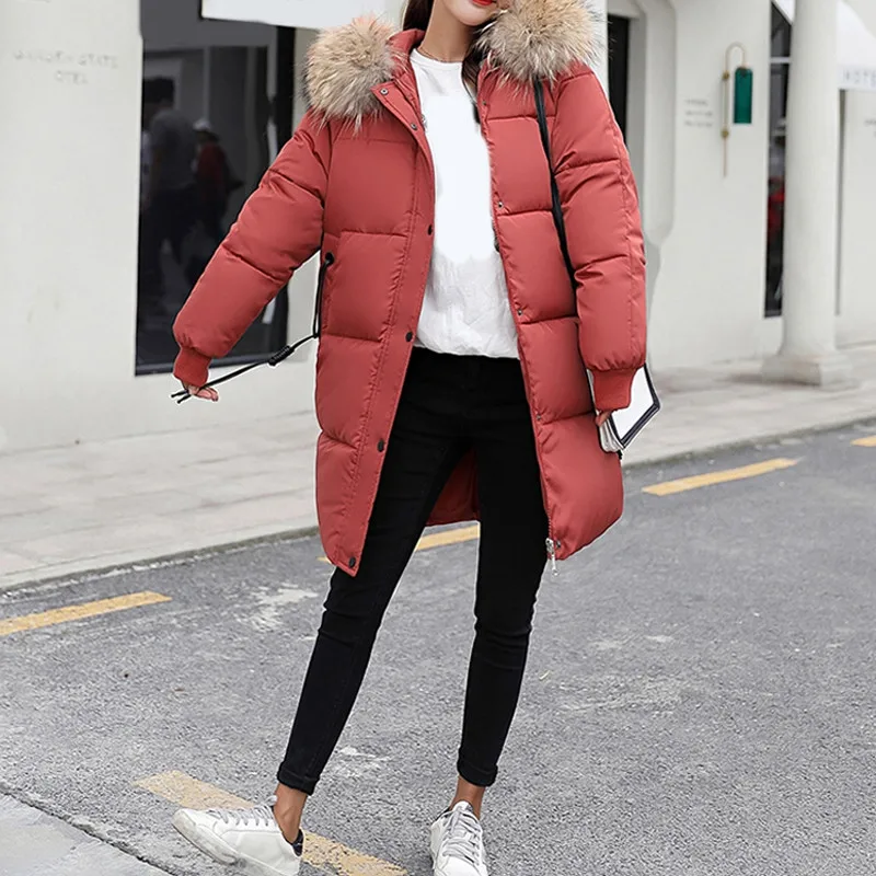 Coral Coat Women RICININA, женские куртки, зимняя парка для женщин, с капюшоном, с мехом, на молнии, однотонное длинное женское пальто размера плюс, Женская куртка, повседневная верхняя одежда - Цвет: Coral Coat Women