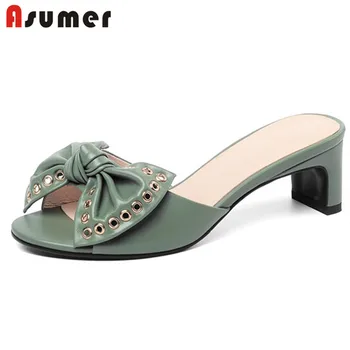 

ASUMER 2020 women sandals top quality genuine leather shoes rivet bowknot summer sandals 5cm square heel casual shoes woman
