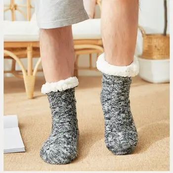 

Men Super Soft Warm Fuzzy Slipper Socks Twist Cable Knitted Solid Color Thicken Plush Lining Hosiery with Non-Slip Grips