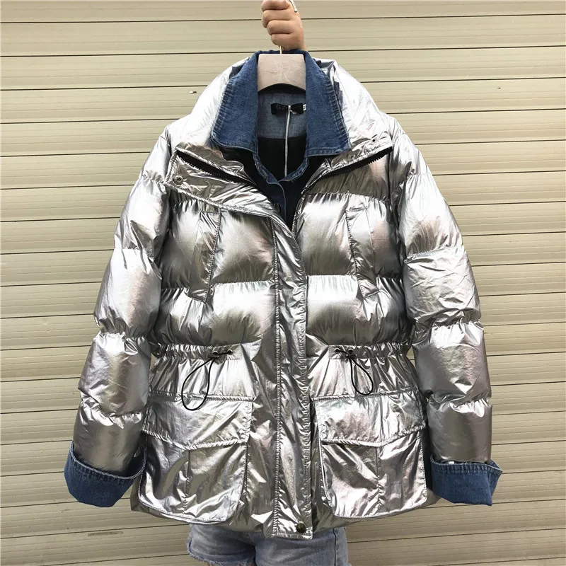 New Denim stitching Women winter jackets Short warm coat Silver bread styl ladies parka winter Thick Cotton Padded coat Outwear