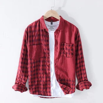 

Cotton Linen long sleeves Plaid Shirts Spring Retro Turn-down Collar Casual Comfortable Patchwork Shirts Male Tops Y2425
